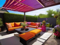 Eclectic patio combines unique furniture pieces, vibrant colors, and various decor styles, making it a dynamic and personalized area for outdoor relaxation.  