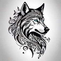 Wolf and Tribal Tattoo,magnificent wolf intertwined with tribal elements, reflecting primal wisdom and unity with nature. , tattoo design, white clean background