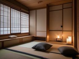 Japanese bedroom showcases tatami mats, a low futon, and minimal decor that promote a serene and harmonious atmosphere for restful sleep.  