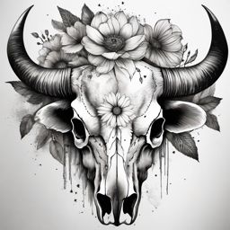 Buffalo skull with wildflowers ink: Natural harmony, blending life and death.  black and white tattoo style