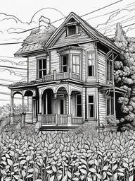 House Coloring Pages - Abandoned house overgrown with vines and weeds  simple coloring pages