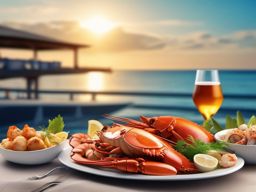 Beachside seafood feasts close shot perspective view, photo realistic background, hyper detail, high resolution