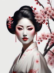 Geisha and Cherry Blossom Tattoo - Elegant, stunning, Japanese essence.  simple color tattoo,white background,minimal