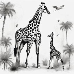 drawing of a giraffe with other animals  minimal rough sketch scribbles,doodles,black and white