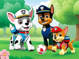 paw patrol coloring pages - chase, marshall, and skye play catch in a sunny park. 