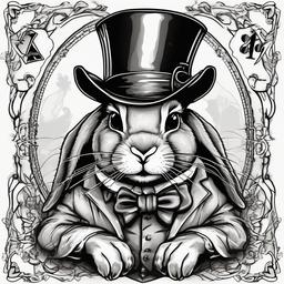 Rabbit with a tophat holding a winning hand of blackjack   ,tattoo design, white background
