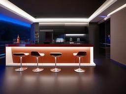 In the bar room, futuristic interior design includes sleek bar stools, illuminated counters, and cutting-edge decor that create a lively atmosphere for socializing and entertainment.  