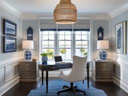 The home office exemplifies Hampton interior design, featuring a stylish desk, comfortable seating, and nautical decor that inspire productivity in a serene environment.  