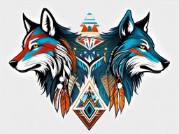 Wolf Native Tattoo,tattoo inspired by indigenous cultures, uniting the wolf and the wisdom of ancient traditions. , color tattoo design, white clean background