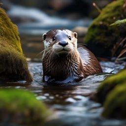 Cute Otter Playfully Frolicking in a Clear Mountain Stream 8k, cinematic, vivid colors