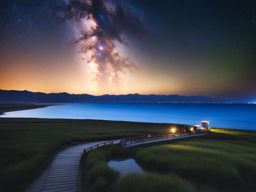 qinghai lake - illustrate the peaceful night scene of qinghai lake, where the world's largest saltwater lake reflects the milky way, creating a celestial mirror. 