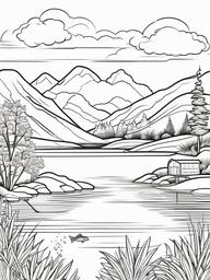 Fishing scene with a lake and fishing rod  simple coloring pages