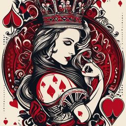 Queen of Hearts Card Tattoo-Bold and artistic tattoo featuring the queen of hearts card, capturing themes of love and power.  simple color vector tattoo