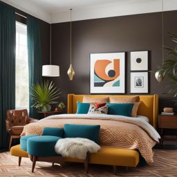 retro-inspired bedroom with mid-century modern furniture and bold patterns. 