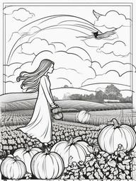 Pumpkin with Flying Witch Coloring Pages - Witch Soaring Over a Pumpkin Field  minimal black outline printable sheet, coloring page