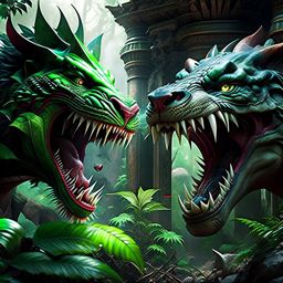 chimera vs basilisk - mythical monsters face off in an ancient, overgrown temple, unleashing venomous breath and fiery roars. 