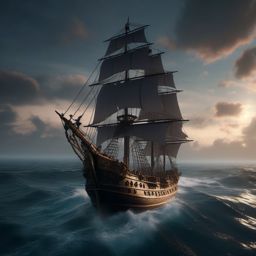 Ghostly ship, crewed by spectral pirates, sails the seas on a perpetual quest for lost treasure.  8k, hyper realistic, cinematic