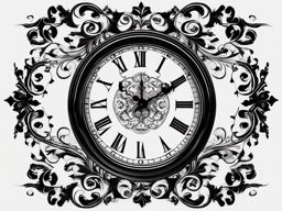 Antique wall clock design: Vintage charm, a window into the past.  black white tattoo, white background