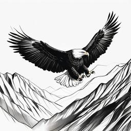 drawing of an eagle soaring above mountains  minimal rough sketch scribbles,doodles,black and white