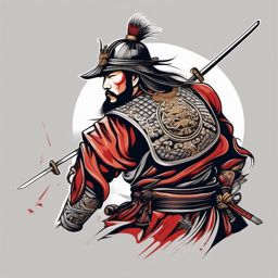 Regal samurai tattoo in a battle-ready pose.  color tattoo,minimalist,white background