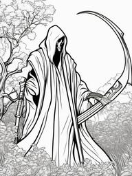 Grim Reaper Coloring Pages - Hooded Figure with Scythe  minimal black outline printable sheet, coloring page