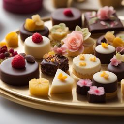 a platter of dainty petit fours, each a bite-sized work of edible art with intricate decorations. 