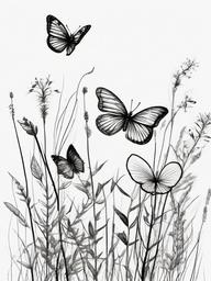 drawing of a plant with butterflies  minimal rough sketch scribbles,doodles,black and white