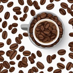 Coffee Beans Sticker - Scattered coffee beans surrounding a coffee cup, ,vector color sticker art,minimal