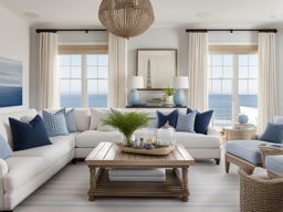 coastal living room with whitewashed walls and nautical accents. 