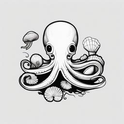 drawing of an octopus holding seashells  minimal rough sketch scribbles,doodles,black and white