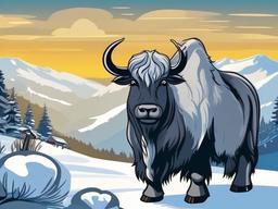 Yak Cartoon - Cartoon of yak in cold mountain pass  