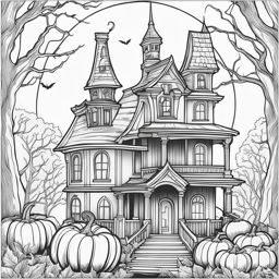 pumpkin coloring pages - a carved pumpkin illuminates a haunted house. 