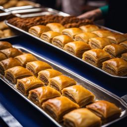 baklava, a sweet and flaky pastry, enjoyed at a bustling bazaar in istanbul. 