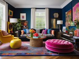 Maximalist living room is filled with vibrant colors, bold patterns, and eclectic art for a dynamic and expressive environment.  