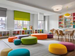 The playroom embodies urban modern interior design with flexible seating, clean lines, and a bright color scheme, providing a stylish space for children's activities.  