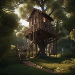 Frayed rope ladder leads to a hidden treehouse among the treetops.  8k, hyper realistic, cinematic