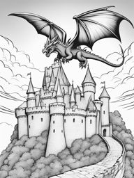 dragon coloring pages - a majestic dragon soars high above a medieval castle. 