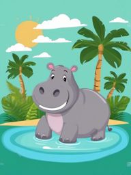 Cute Hippo in a Tropical Watering Hole  clipart, simple