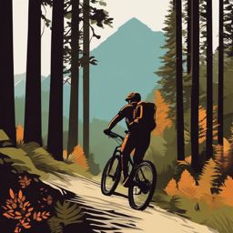 Mountain Biking through Forest Trail Clipart - A mountain biker on a forest trail.  color vector clipart, minimal style