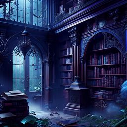 haunted mansion library with cobweb-covered books and ghostly apparitions. 