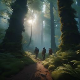 Group of adventurers journey through a mystical, ever-shifting forest where the trees whisper secrets.  8k, hyper realistic, cinematic