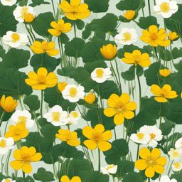 Mountain Marsh Marigold Clip Art - Marsh marigold flowers in a mountain marsh,  color vector clipart, minimal style