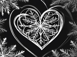 drawing of a snowflake with a heart  minimal rough sketch scribbles,doodles,black and white