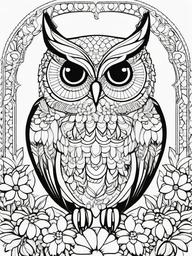 Owl Coloring Pages - Owl in a whimsical garden surrounded by flowers  simple coloring pages