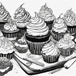 drawing of a cupcake at a party  minimal rough sketch scribbles,doodles,black and white