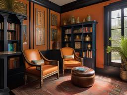 In the reading nook, Egyptian Revival interior design highlights a comfortable chair, decorative accents, and vibrant colors, creating a perfect space for enjoying books and daydreaming.  