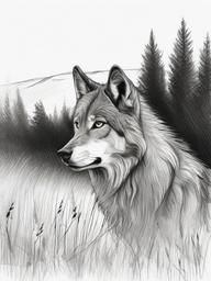 drawing of a wolf in meadow  minimal rough sketch scribbles,doodles,black and white