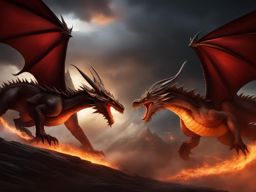epic battle between mighty dragons amidst a stormy, fiery sky. 