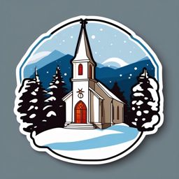 Snowy church sticker- Peaceful and serene, , sticker vector art, minimalist design