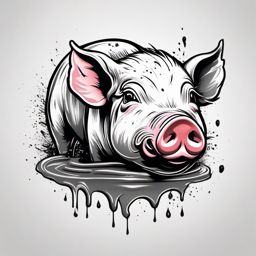 Mini Pig Tattoo - Mini pig enjoying a mud bath  few color tattoo design, simple line art, design clean white background